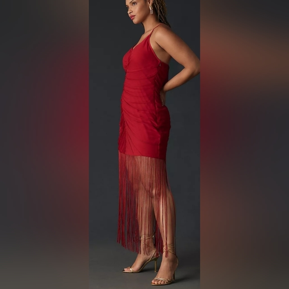 Anthropologie Vineet Bahl Sleeveless V-Neck Fringe Maxi Dress in Red - Picture 7 of 16